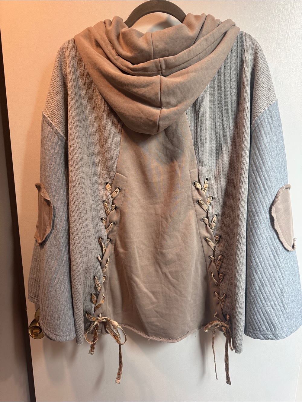 POL Pink Floral Patchwork Hooded Sweatshirt with Gray Ribbed Body - Picture 2 of 6